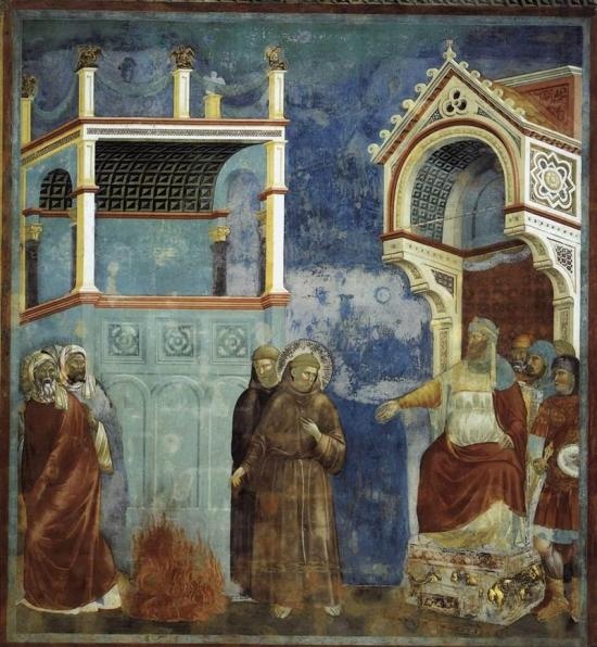 San Francesco davanti al Sultano, o Prova del fuoco, dagli affreschi giotteschi della Basilica superiore di Assisi (tra il 1295 e il 1299)